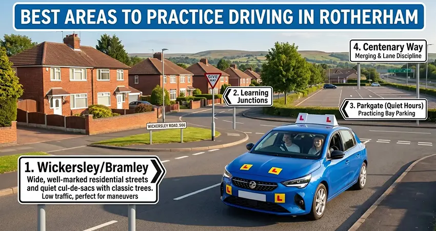Best areas to practice driving in Rotherham including quiet residential streets and open roads
